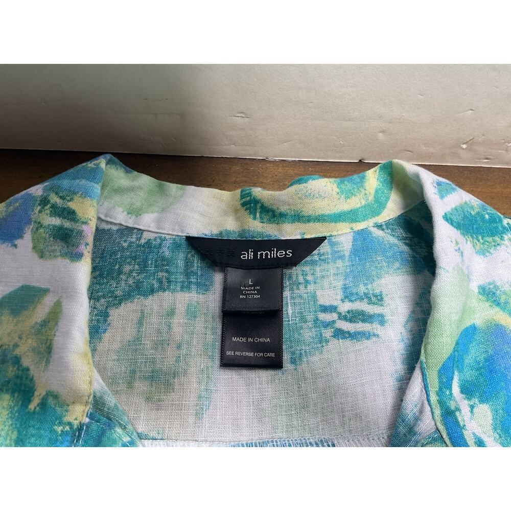 Ali Miles Button Front Tunic Top Linen Blend Blue Green Watercolor Abstract Sz L - Picture 3 of 10